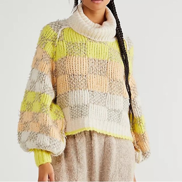 Free People Check Me Out Checkered Turtleneck Sweater Macaroon Patchwork NWT XS - Picture 1 of 7